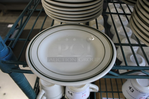 13 White Ceramic Plates w/ Green Lines on Rim. 5.5x5.5x1.5. 13 Times Your Bid! - Image 2 of 3