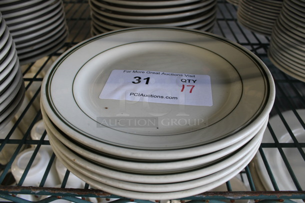 17 White Ceramic Plates w/ Green Lines on Rim. 8.25x8.25x1. 17 Times Your Bid! - Image 2 of 3