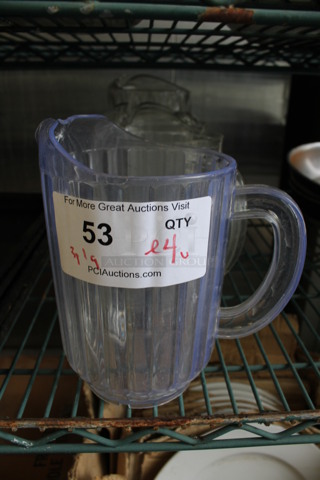 4 Various Clear Pitchers; 3 Poly and 1 Glass. Includes 7x5x8. 4 Times Your Bid!