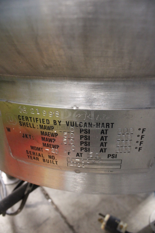 2011 Vulcan Hart Model MDMT-20 Stainless Steel Commercial Steam Powered Floor Style 20 Gallon Steam Kettle. 32x38x48 - Image 6 of 7