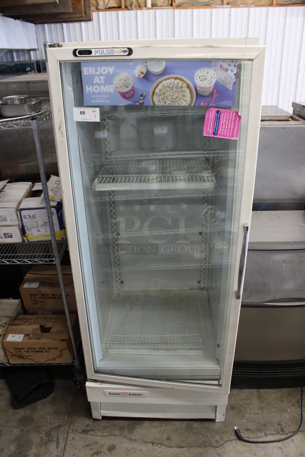 Carrier Model ULG30BSP-5 Metal Commercial Single Door Reach In Freezer Merchandiser. Door Does Not Stay Closed. 115 Volts, 1 Phase. 30.5x36x79.5. Tested and Powers On But Temps at 31 Degrees