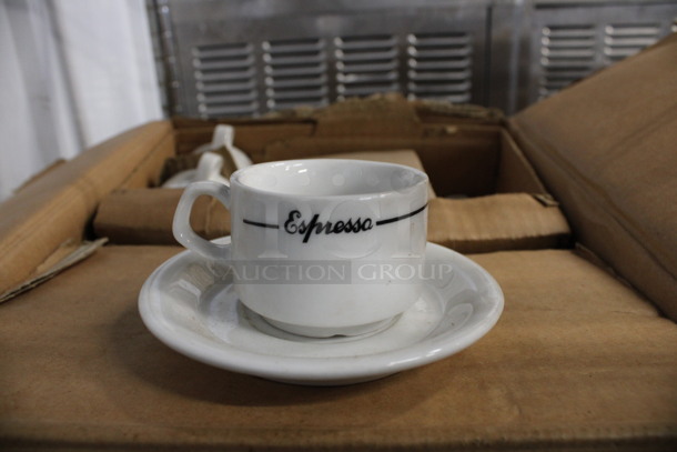 32 BRAND NEW IN BOX! White Ceramic Espresso Mugs w/ 38 White Ceramic Saucers. 3x2.5x2, 4.5x4.5x0.5. 32 Times Your Bid! - Image 1 of 4