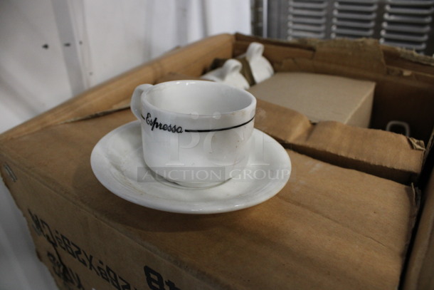 32 BRAND NEW IN BOX! White Ceramic Espresso Mugs w/ 38 White Ceramic Saucers. 3x2.5x2, 4.5x4.5x0.5. 32 Times Your Bid! - Image 2 of 4