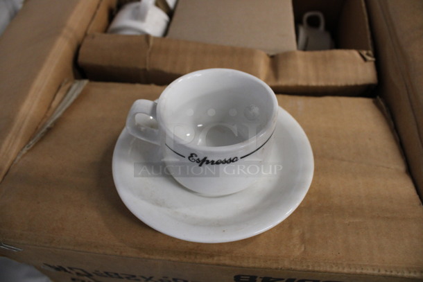 32 BRAND NEW IN BOX! White Ceramic Espresso Mugs w/ 38 White Ceramic Saucers. 3x2.5x2, 4.5x4.5x0.5. 32 Times Your Bid! - Image 3 of 4