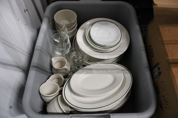 ALL ONE MONEY! Lot of Various Ceramic Plates, Ceramic Mugs and Glasses in Gray Bus Bin!
