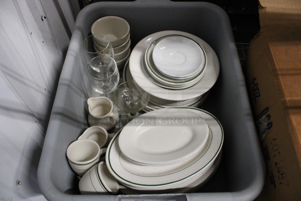 ALL ONE MONEY! Lot of Various Ceramic Plates, Ceramic Mugs and Glasses in Gray Bus Bin! - Image 1 of 5