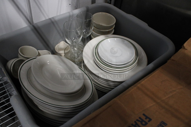 ALL ONE MONEY! Lot of Various Ceramic Plates, Ceramic Mugs and Glasses in Gray Bus Bin! - Image 2 of 5