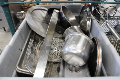 ALL ONE MONEY! Lot of Various Metal Items Including Bowl and Lids in Gray Bus Bin!