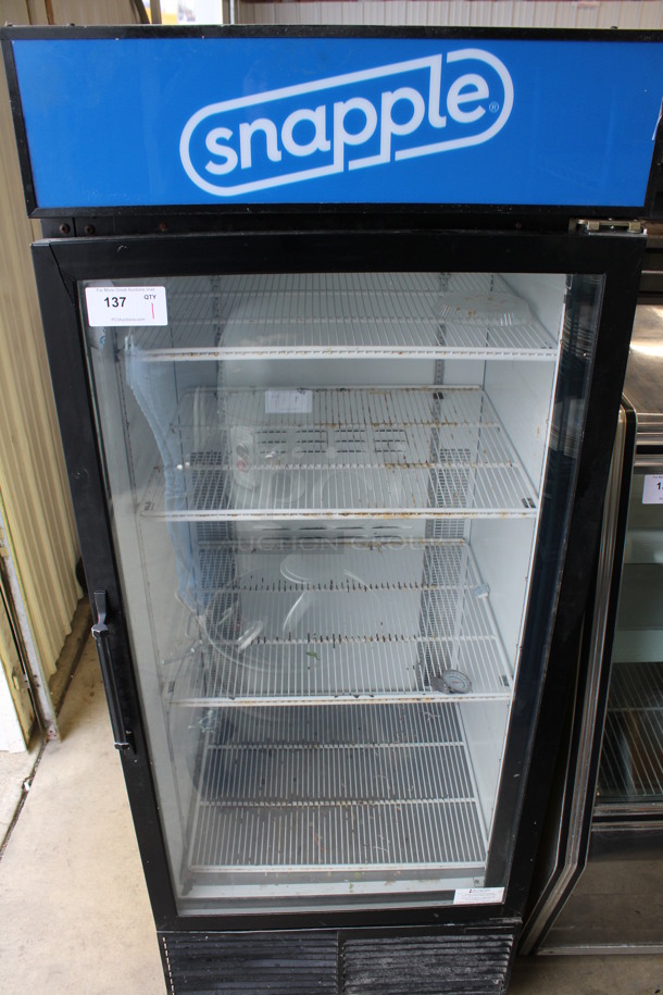 Habco Model ESM28 Metal Commercial Single Door Reach In Cooler Merchandiser w/ Poly Coated Racks. 115 Volts, 1 Phase. 30.5x33x79. Tested and Powers On But Does Not Get Cold
