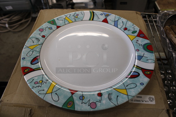 6 BRAND NEW IN BOX! White Ceramic Plates w/ Colorful Rim. 12.5x12.5x1. 6 Times Your Bid!