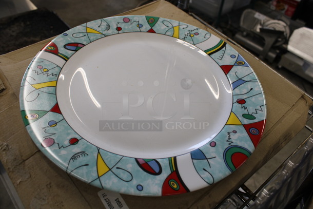 6 BRAND NEW IN BOX! White Ceramic Plates w/ Colorful Rim. 12.5x12.5x1. 6 Times Your Bid! - Image 2 of 4