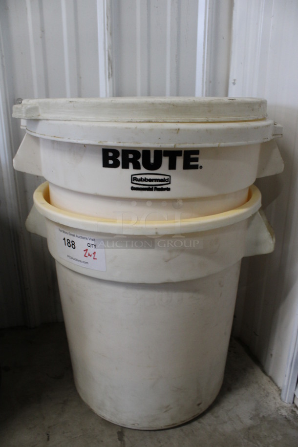 2 Rubbermaid Brute White Poly Trash Cans w/ 2 Lids. 18x16x17. 2 Times Your Bid! - Image 1 of 4