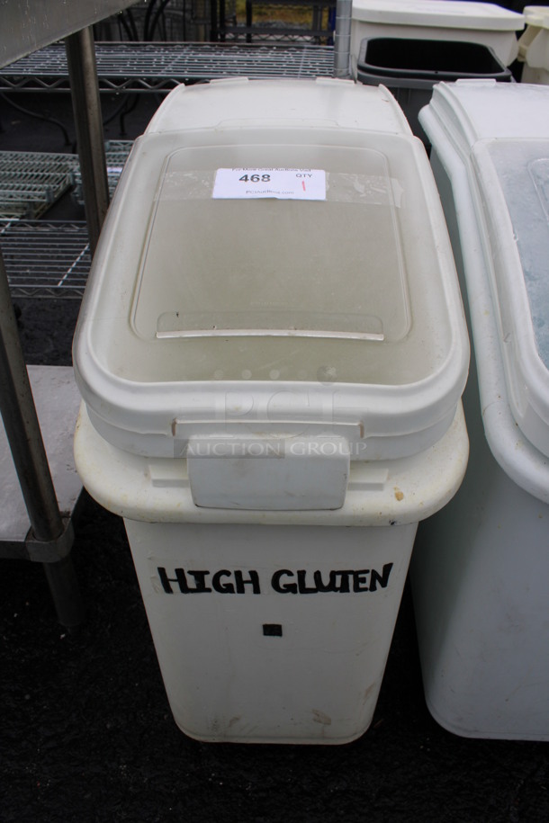 White Poly Ingredient Bin w/ Lid on Commercial Casters. 13x30x29