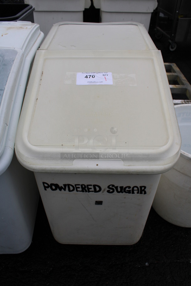White Poly Ingredient Bin w/ Lid on Commercial Casters. 16x30x29
