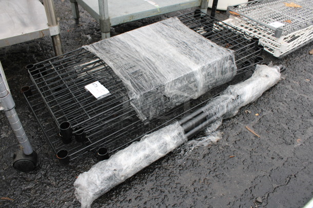 ALL ONE MONEY! Lot of 5 Black Finish Metro Style Shelves w/ 8 Half Size Poles! 36x16x1.5, 36" - Image 1 of 3