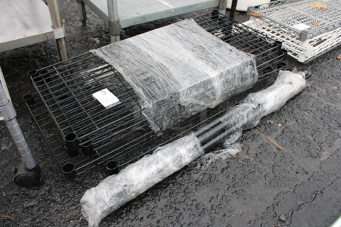 ALL ONE MONEY! Lot of 5 Black Finish Metro Style Shelves w/ 8 Half Size Poles! 36x16x1.5, 36"