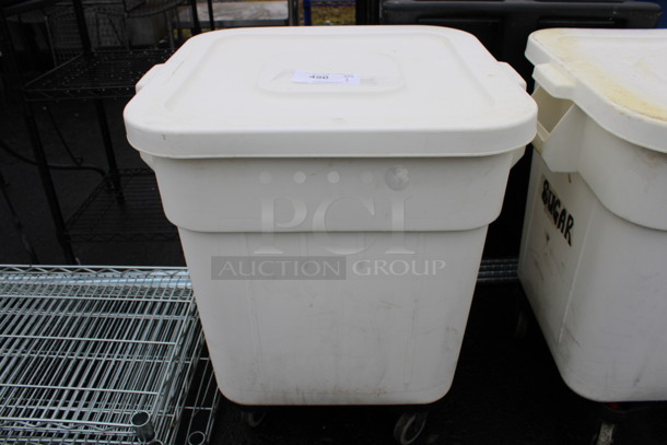 White Poly Trash Can w/ Lid on Dolly. 24x22x28 - Image 1 of 4