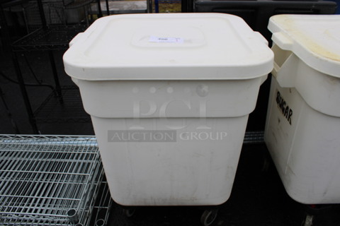 White Poly Trash Can w/ Lid on Dolly. 24x22x28