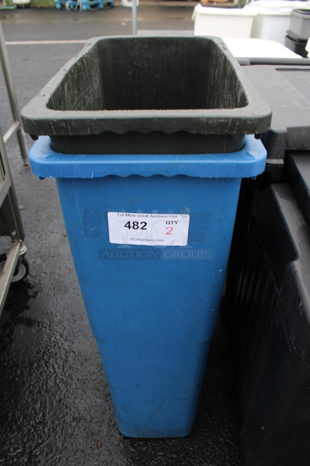 2 Poly Slim Jim Trash Cans; Black and Blue. 11x20x30. 2 Times Your Bid!
