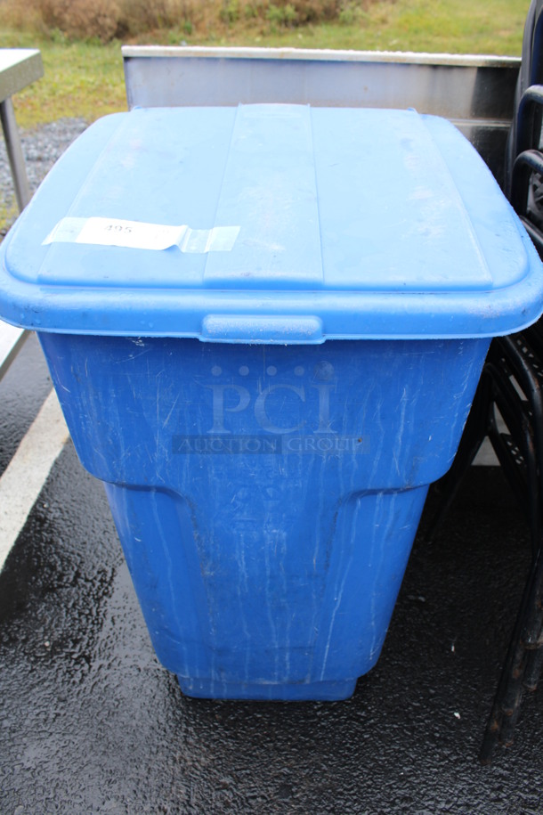 Blue Poly Trash Can w/ Hinge Lid. 24x27x39
