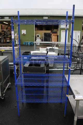 Blue Finish 4 Tier Shelving Unit. BUYER MUST DISMANTLE. PCI CANNOT DISMANTLE FOR SHIPPING. PLEASE CONSIDER FREIGHT CHARGES. 36x18x75