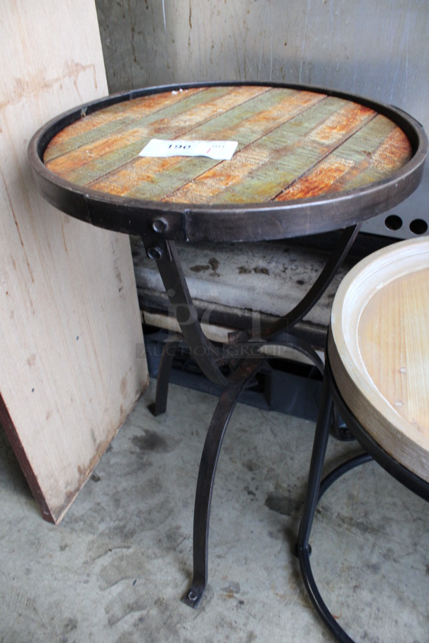 Metal Round Table w/ Wood Pattern Tabletop. 18x18x27.5