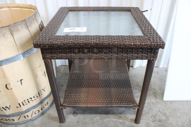 Wicker Style End Table w/ Glass Countertop and Under Shelf. 20.5x20.5x22 - Image 1 of 4