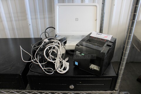 Black Metal Cash Drawer w/ Star Micronics Model TSP100 Square D Tablet Holder. Includes 16x16.5x4