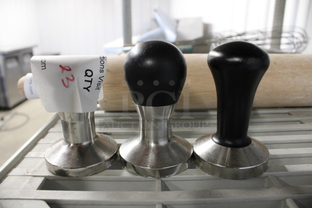 ALL ONE MONEY! Lot of 3 Metal Presser / Packers For Espresso Machine Portafilters. 2.5x2.5x3.5 - Image 1 of 2