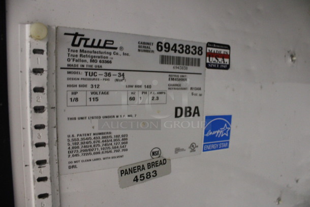 2010 True Model TUC-36-34 ENERGY STAR Stainless Steel Commercial 2 Door Undercounter Cooler on Commercial Casters. 115 Volts, 1 Phase. 36.5x34x33.5. Tested and Working! - Image 5 of 5