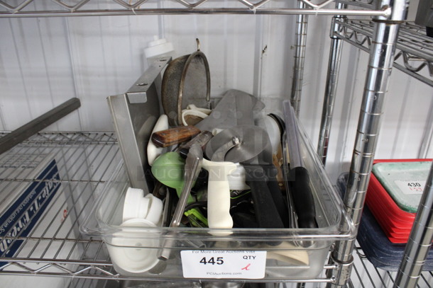 ALL ONE MONEY! Lot of Various Items Including Pizza Pie Cutter, Spatulas and Strainer In Clear Poly Bin!
