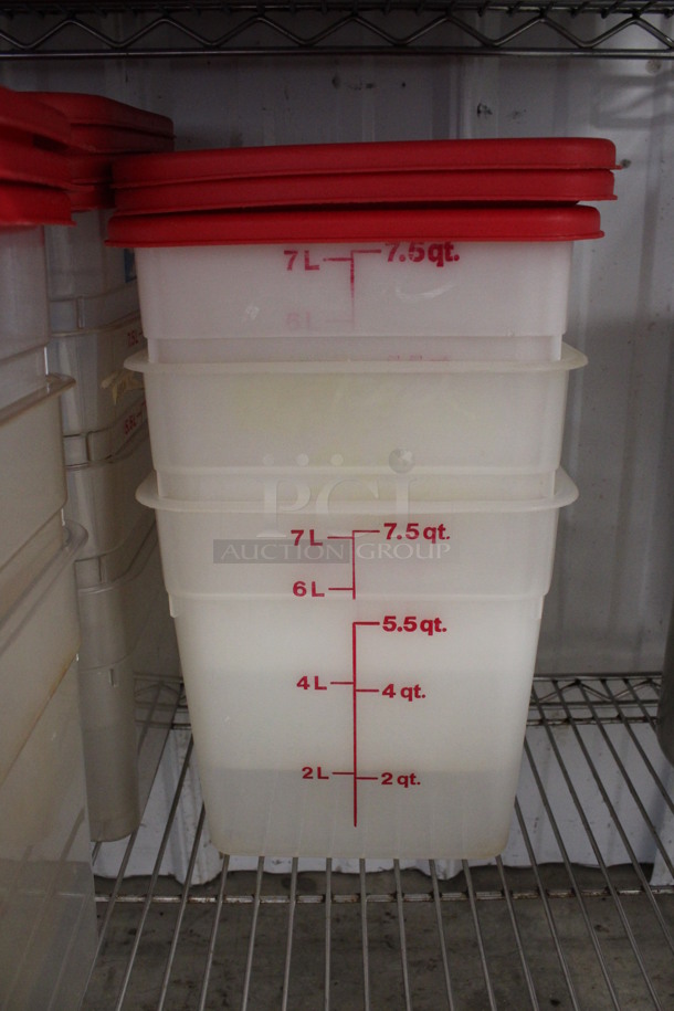 ALL ONE MONEY! Lot of 9 Poly Bins w/ 9 Red Lids. 6 are 8 Quart and 3 are 7.5 Quart. 9x9x9 - Image 2 of 3