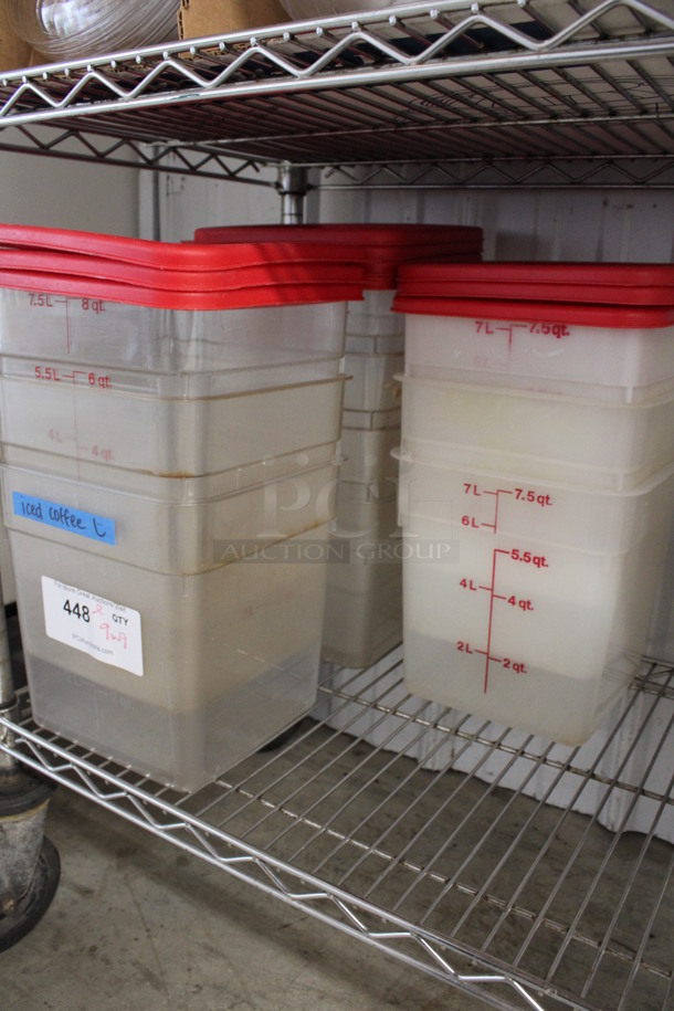 ALL ONE MONEY! Lot of 9 Poly Bins w/ 9 Red Lids. 6 are 8 Quart and 3 are 7.5 Quart. 9x9x9 - Image 3 of 3