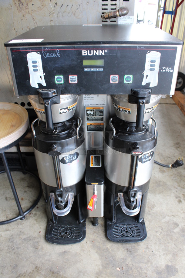 2014 Bunn Model DUAL TF DBC Stainless Steel Commercial Countertop Dual Coffee Machine w/ Hot Water Dispenser, 2 Metal Brew Baskets and 2 Metal Satellite Dispensers. 120/240 Volts, 1 Phase. 22x24x36
