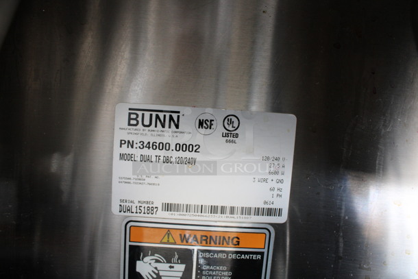 2014 Bunn Model DUAL TF DBC Stainless Steel Commercial Countertop Dual Coffee Machine w/ Hot Water Dispenser, 2 Metal Brew Baskets and 2 Metal Satellite Dispensers. 120/240 Volts, 1 Phase. 22x24x36 - Image 4 of 5