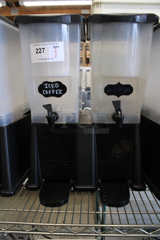 Carlisle Clear and Black Beverage Dispensing Unit w/ 2 Hoppers on Stand w/ Lids and Drip Trays. 16x19x20