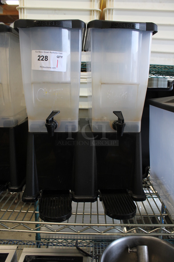 Carlisle Clear and Black Beverage Dispensing Unit w/ 2 Hoppers on Stand w/ Lids and Drip Trays. 16x19x20