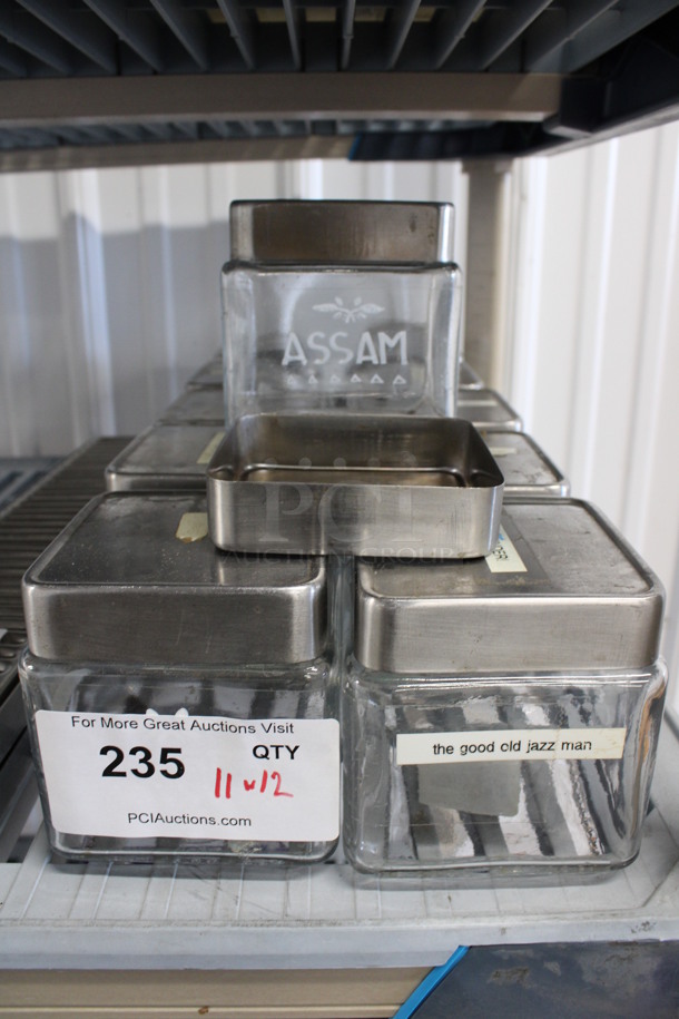 11 Glass Containers w/ 12 Metal Lids. 4.5x4.5x4.5. 11 Times Your Bid! - Image 1 of 3