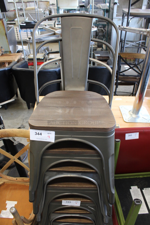 4 Metal Tolix Dining Chairs w/ Wooden Seat. 17x18x32. 4 Times Your Bid! - Image 1 of 3