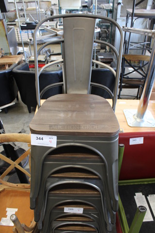 4 Metal Tolix Dining Chairs w/ Wooden Seat. 17x18x32. 4 Times Your Bid!