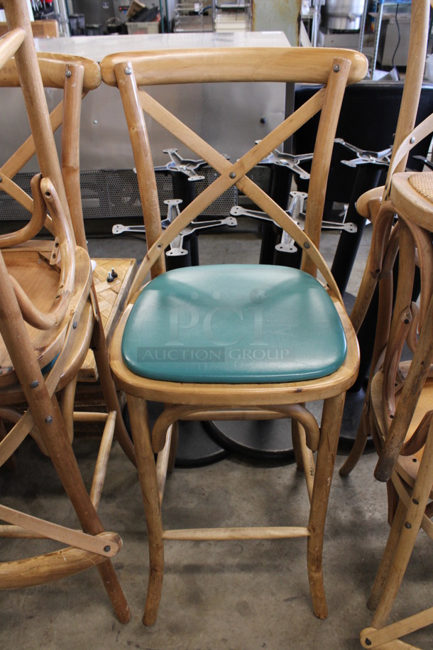 2 Wooden Bar Height Chairs w/ Green Seat. 18x17x47. 2 Times Your Bid!