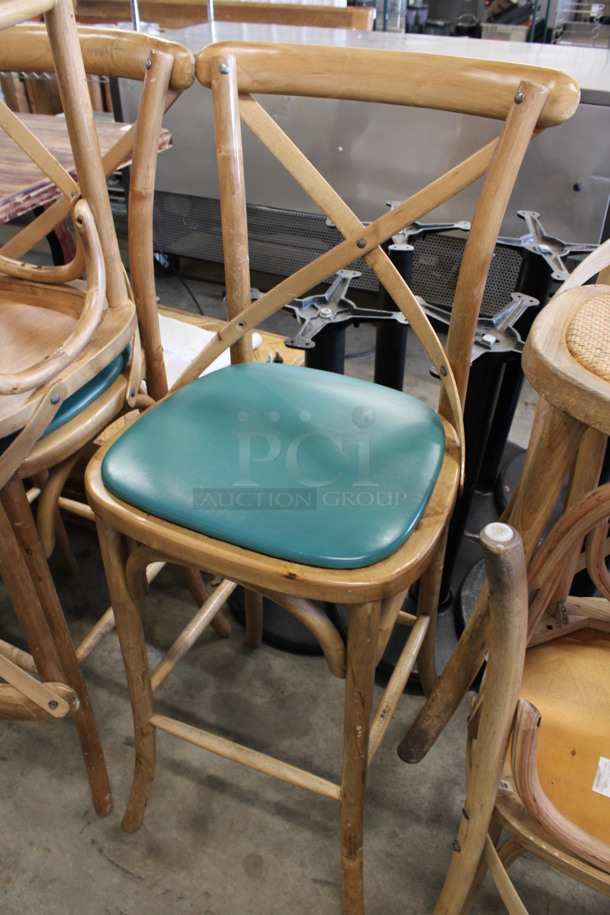 2 Wooden Bar Height Chairs w/ Green Seat. 18x17x47. 2 Times Your Bid! - Image 2 of 5