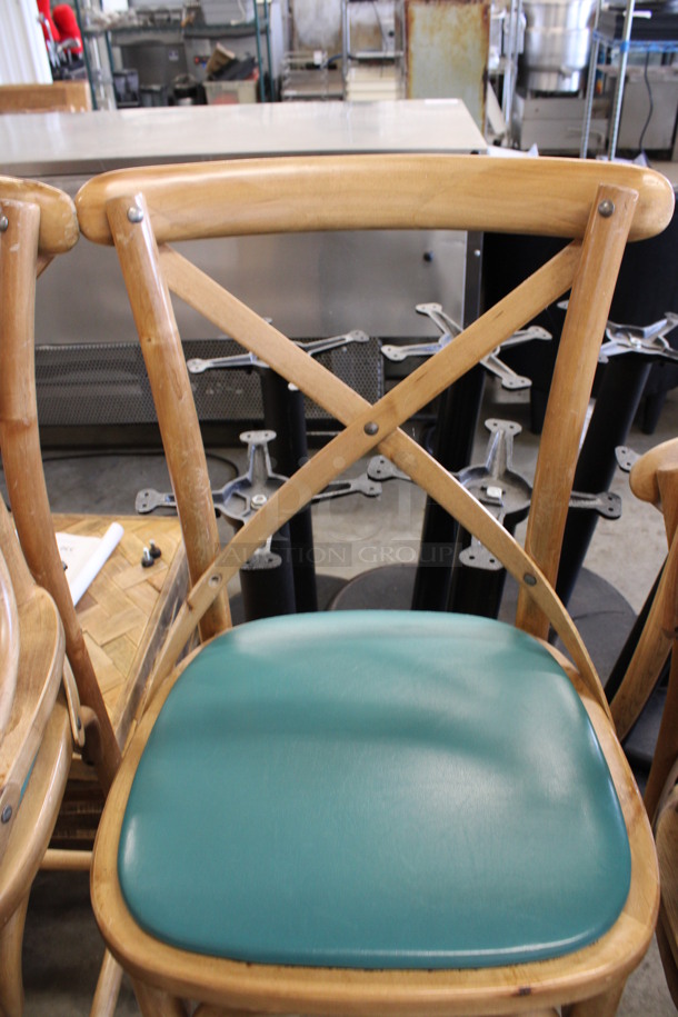 2 Wooden Bar Height Chairs w/ Green Seat. 18x17x47. 2 Times Your Bid! - Image 4 of 5