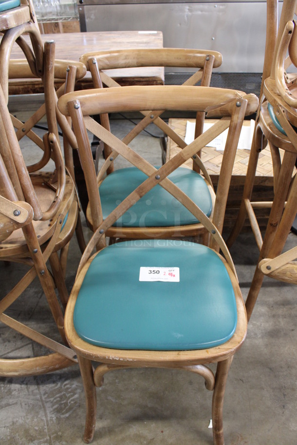 2 Wooden Dining Chairs w/ Green Seat. 1 Is Broken. 18x17x35. 2 Times Your Bid!