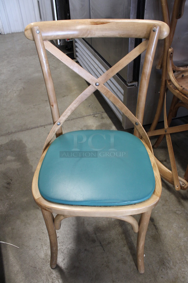 4 Wooden Dining Chairs w/ Green Seat. 18x17x35. 4 Times Your Bid!