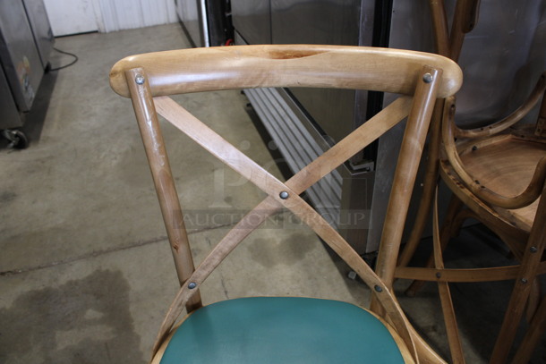 4 Wooden Dining Chairs w/ Green Seat. 18x17x35. 4 Times Your Bid! - Image 4 of 5