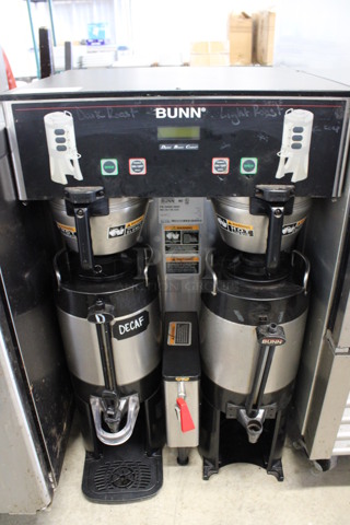 2014 Bunn Model DUAL TF DBC Stainless Steel Commercial Countertop Dual Coffee Machine w/ Hot Water Dispenser, 2 Metal Brew Baskets and 2 Metal Satellite Dispensers. 120/240 Volts, 1 Phase. 22x24x36