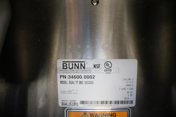 2014 Bunn Model DUAL TF DBC Stainless Steel Commercial Countertop Dual Coffee Machine w/ Hot Water Dispenser, 2 Metal Brew Baskets and 2 Metal Satellite Dispensers. 120/240 Volts, 1 Phase. 22x24x36 - Image 4 of 5