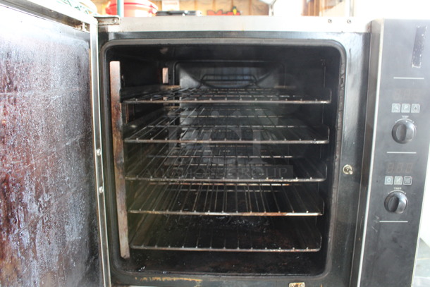 Moffat Turbofan Model E32D5 Stainless Steel Commercial Electric Powered Half Size Convection Oven w/ View Through Door and Metal Oven Racks on Pan Rack w/ Commercial Casters. 208 Volts. 29x35x63 - Image 4 of 6