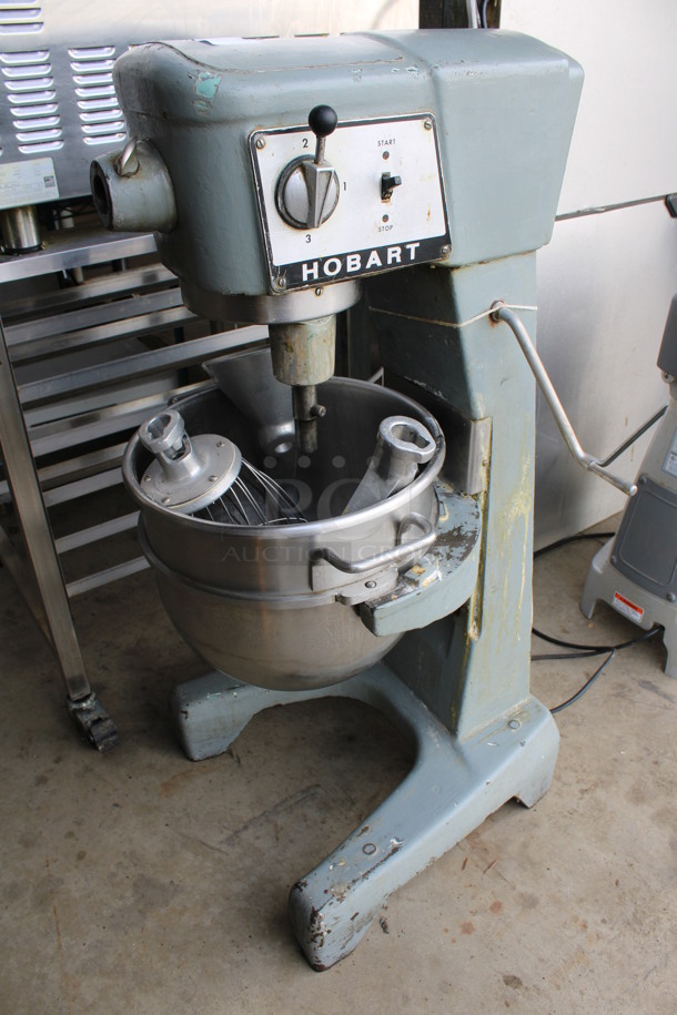Hobart Model D-300 Metal Commercial Floor Style 30 Quart Planetary Mixer w/ Stainless Steel Mixing Bowl, Dough Hook, Whisk and Paddle Attachments. 115 Volts, 1 Phase. 21x23x45. Tested and Working!